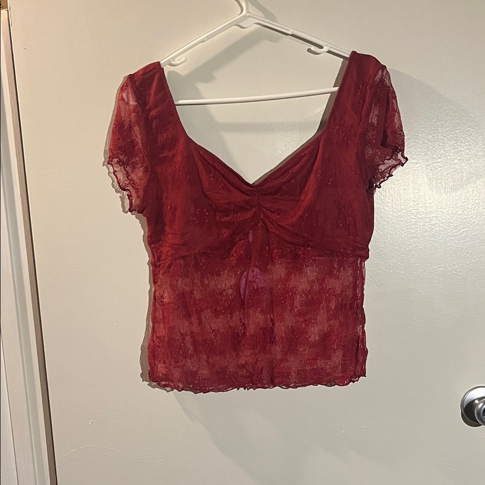 Ruched V-Neck Sheer Crop Top in Wine Red